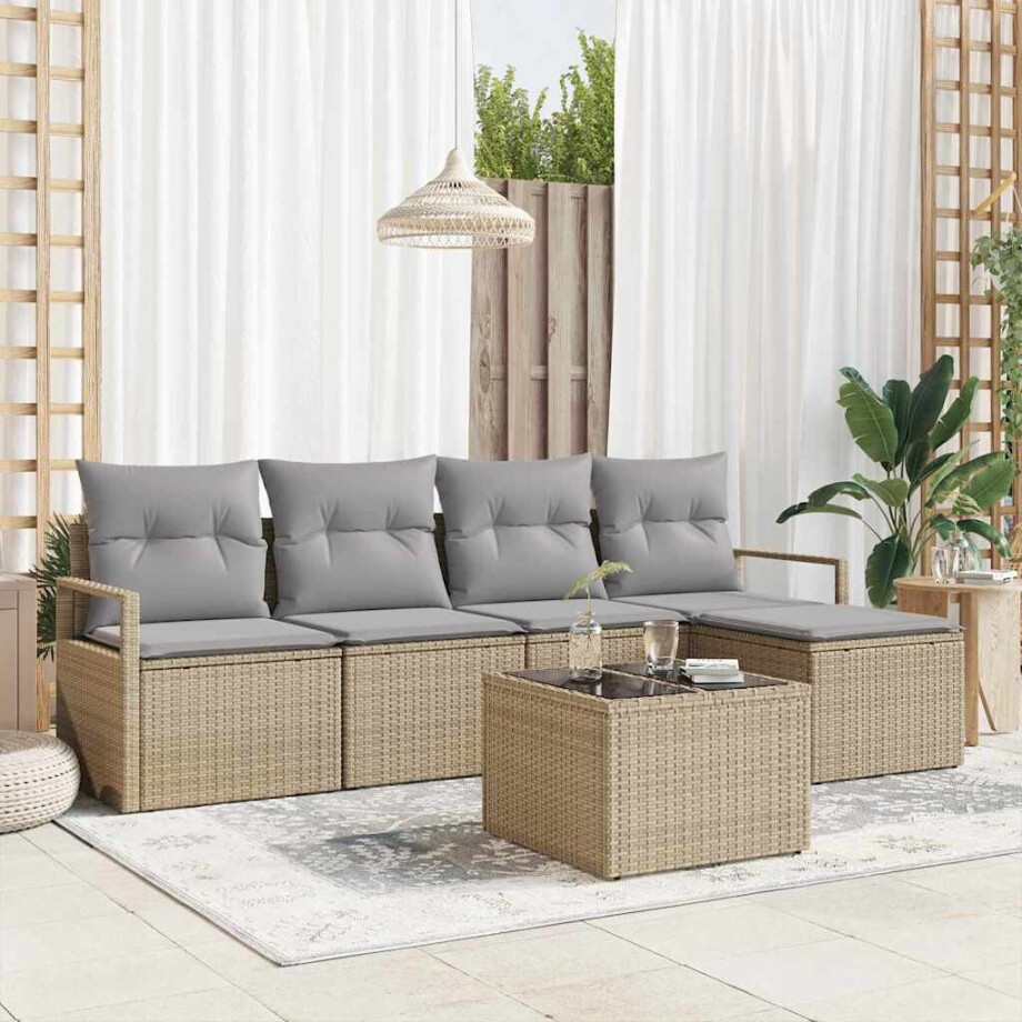 vidaXL Bankstel met kussen 6 pcs Beige poly rattan afbeelding 1