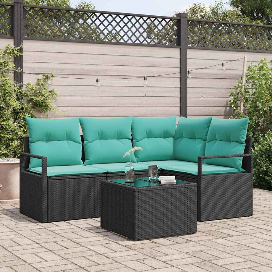 vidaXL Bankstel met kussen 5 pcs Zwart poly rattan afbeelding 1