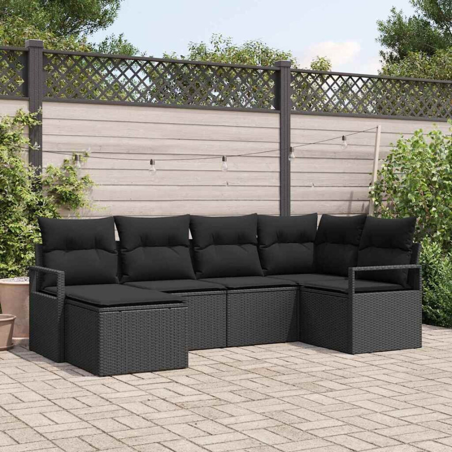 vidaXL Bankstel met kussen 6 pcs Zwart poly rattan afbeelding 1