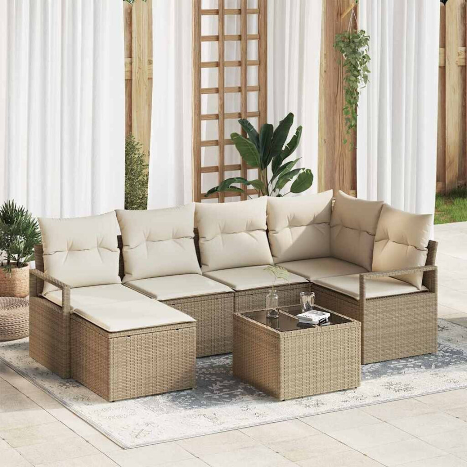 vidaXL Bankstel 7 pcs Beige poly rattan vidaXL Bankstel 7 pcs Beige poly rattan afbeelding 1
