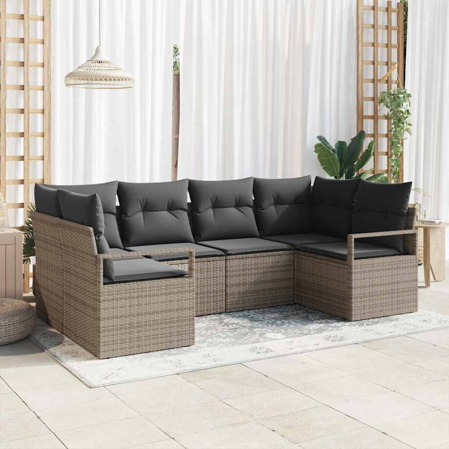vidaXL Bankstel met kussen 6 pcs Grijs poly rattan afbeelding 1