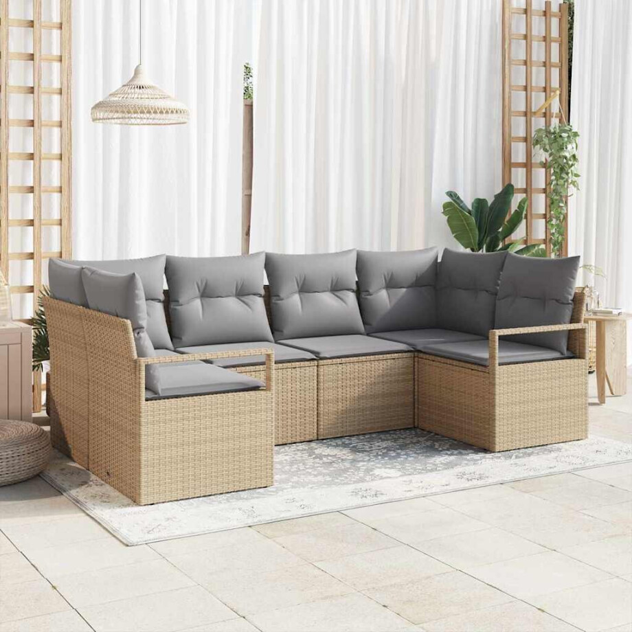 vidaXL Bankstel met kussen 6 pcs Beige poly rattan afbeelding 1