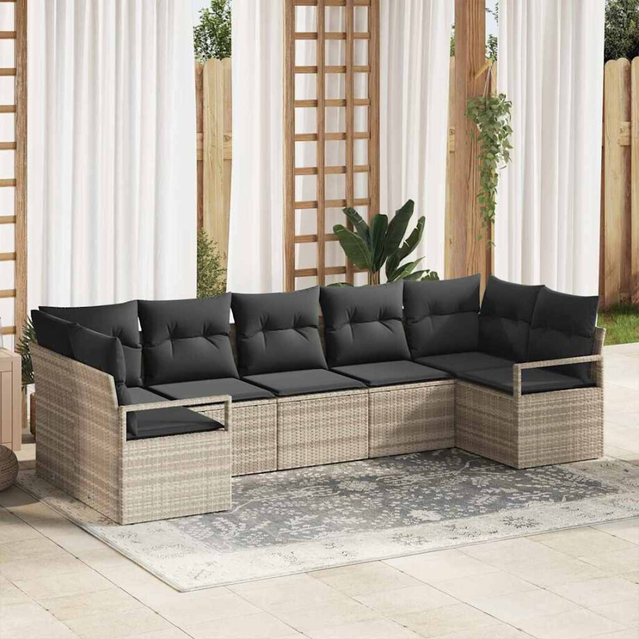 vidaXL Bankstel met kussen 7 pcs Lichtgrijs poly rattan afbeelding 1