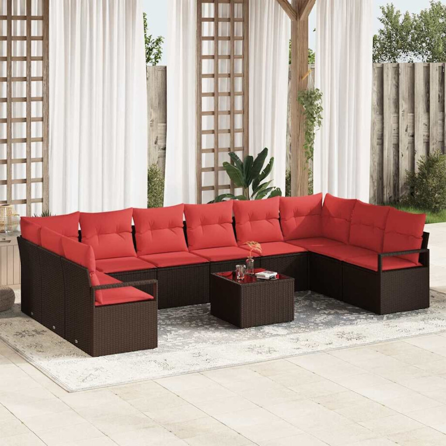 vidaXL Bankstel met kussen 11 pcs Bruin poly rattan afbeelding 1