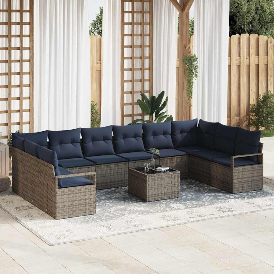 vidaXL Bankstel met kussen 11 pcs Grijs poly rattan afbeelding 1