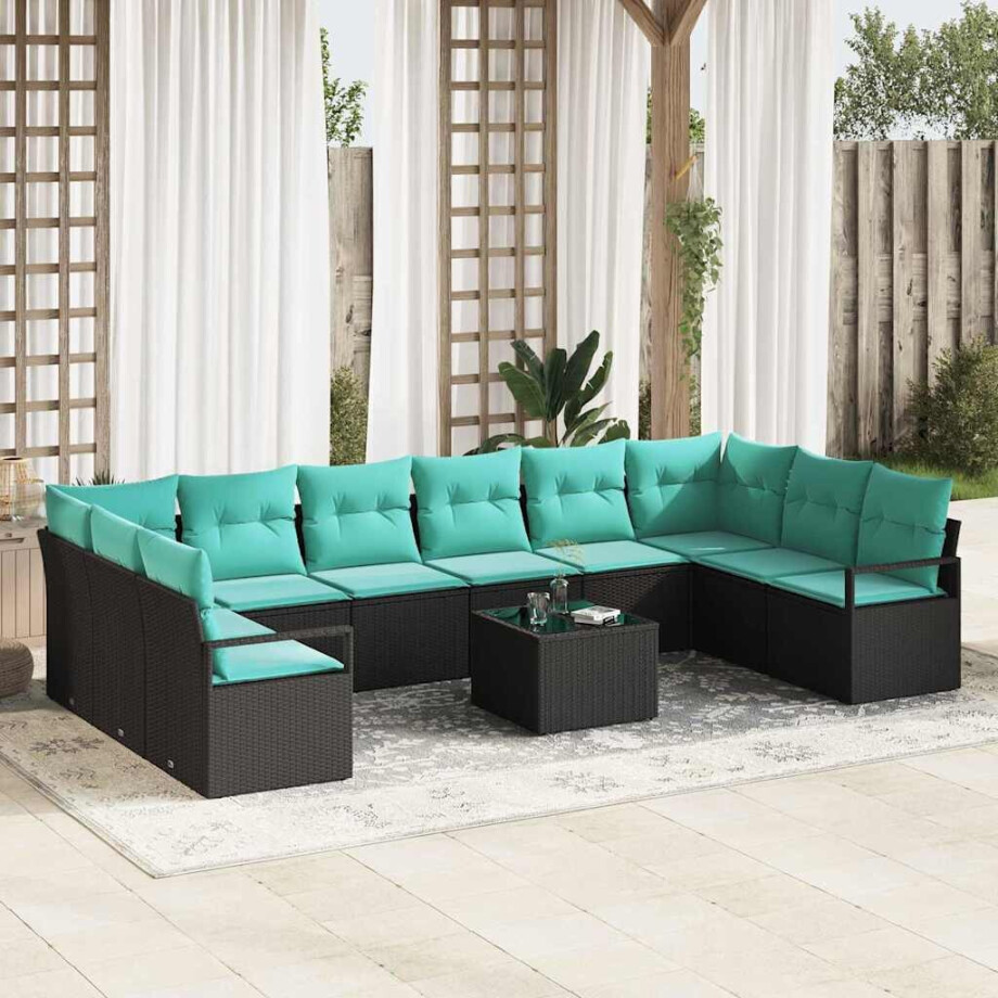 vidaXL Bankstel met kussen 11 pcs Zwart poly rattan afbeelding 1