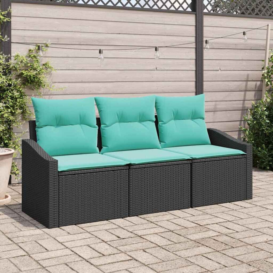 vidaXL Bankstel met kussen 3 pcs Zwart poly rattan afbeelding 1