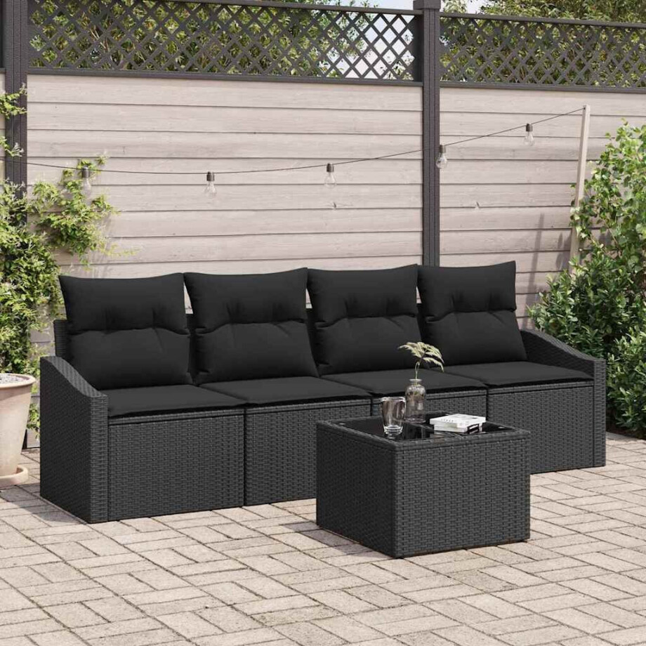 vidaXL Bankstel met kussen met kussen 5 pcs Zwart poly rattan afbeelding 1