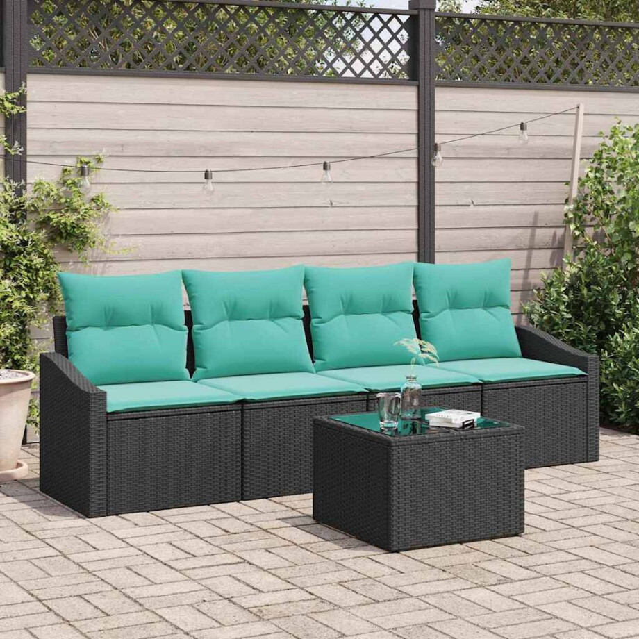 vidaXL Bankstel met kussen 5 pcs Zwart en Turquoise poly rattan afbeelding 1