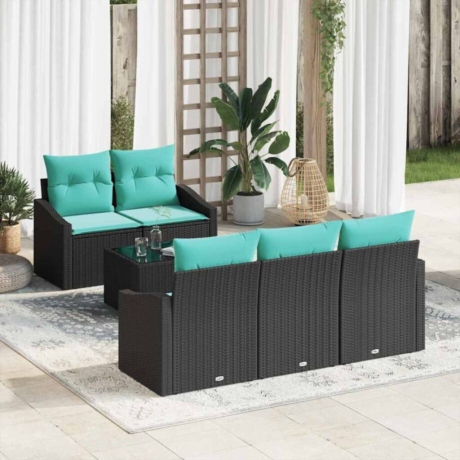 vidaXL Bankstel met kussen 6 pcs Zwart en Turquoise poly rattan afbeelding 1