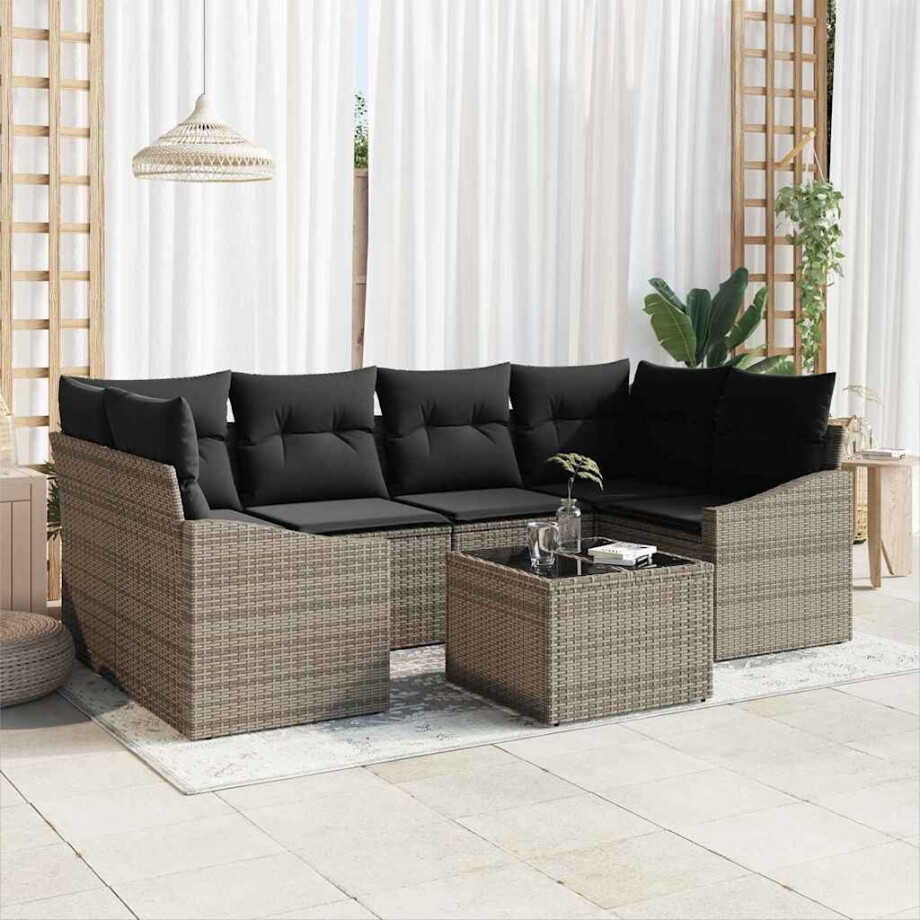 vidaXL Bankstel met kussen met kussen 7 pcs Grijs poly rattan vidaXL Bankstel met kussen met kussen 7 pcs Grijs poly rattan afbeelding 1