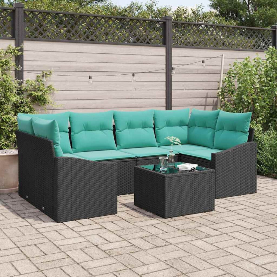 vidaXL Bankstel met kussen 7 pcs Zwart en Turquoise poly rattan afbeelding 1
