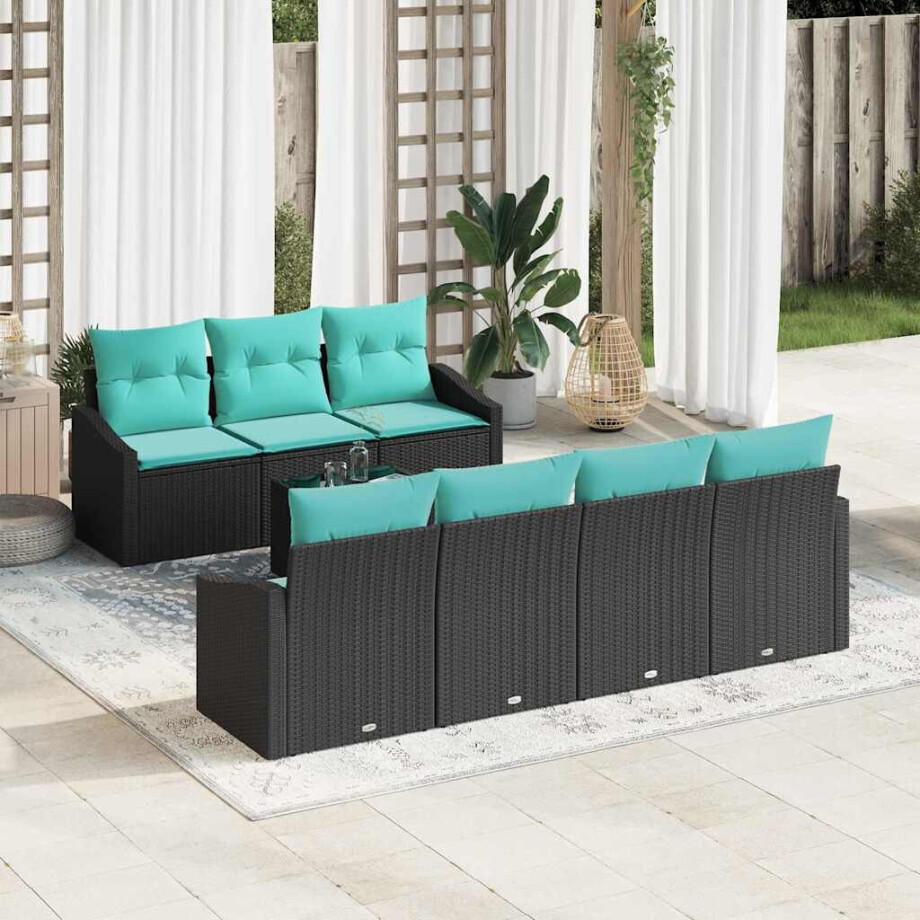 vidaXL Bankstel met kussen 8 pcs Zwart en Turquoise poly rattan afbeelding 1
