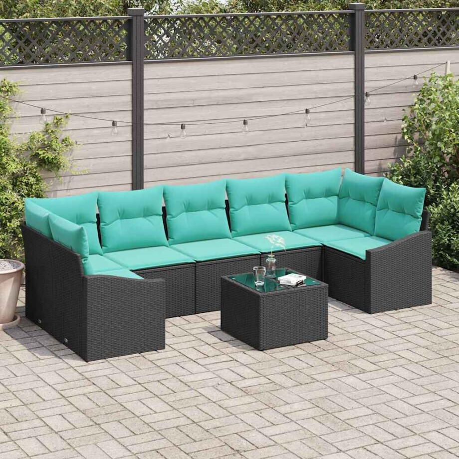 vidaXL Bankstel met kussen 8 pcs Zwart en Turquoise poly rattan afbeelding 1