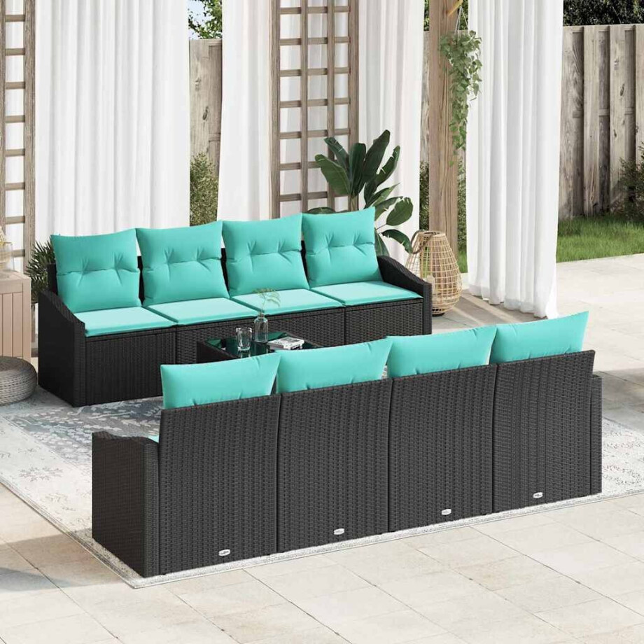 vidaXL Bankstel met kussen 9 pcs Zwart en Turquoise poly rattan afbeelding 1