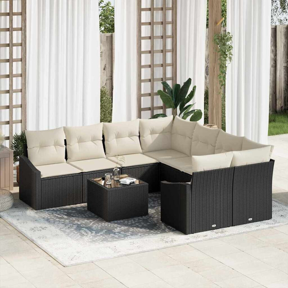 vidaXL Bankstel met kussen met kussen 9 pcs Zwart en Crème poly rattan afbeelding 1