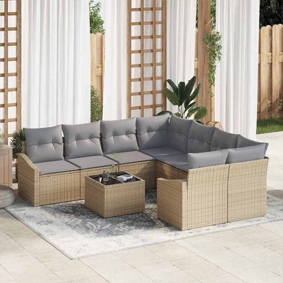 vidaXL Bankstel met kussen 9 pcs Beige en Licht Grijs poly rattan afbeelding 1