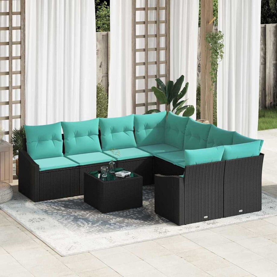 vidaXL Bankstel met kussen 9 pcs Zwart en Turquoise poly rattan afbeelding 1