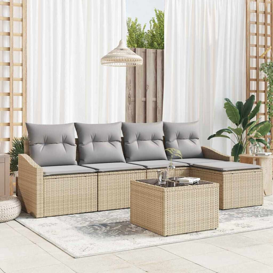 vidaXL Bankstel met kussen 6 pcs Beige poly rattan afbeelding 1