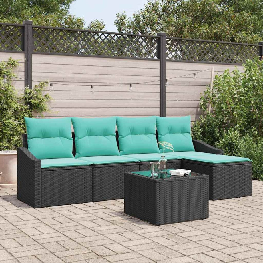 vidaXL Bankstel met kussen 6 pcs Zwart poly rattan afbeelding 1