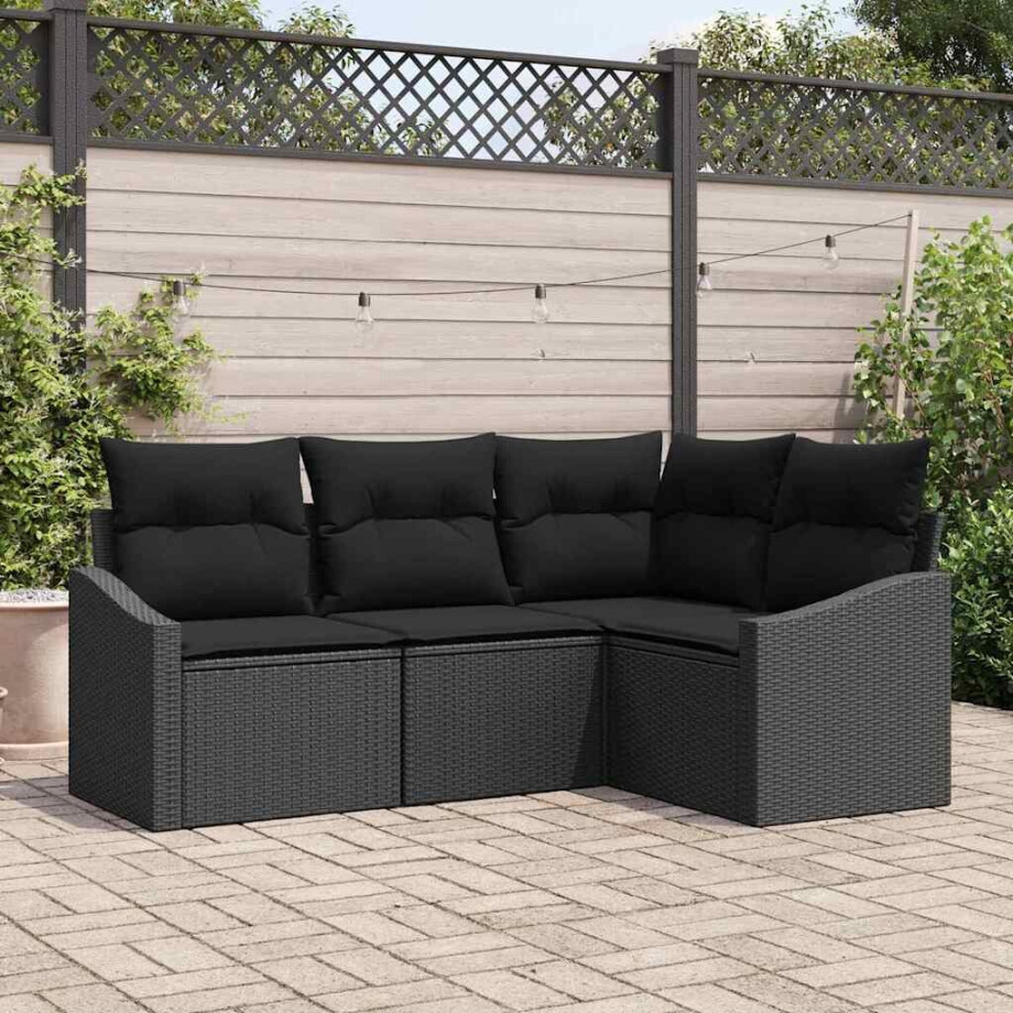 vidaXL Bankstel met kussen 4 pcs Zwart poly rattan afbeelding 1