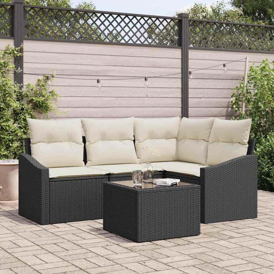 vidaXL Bankstel met kussen 5 pcs Zwart poly rattan afbeelding 1