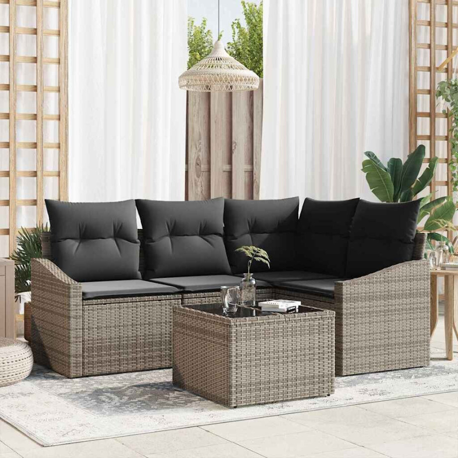 vidaXL Bankstel met kussen 5 pcs Grijs poly rattan vidaXL Bankstel met kussen 5 pcs Grijs poly rattan afbeelding 1
