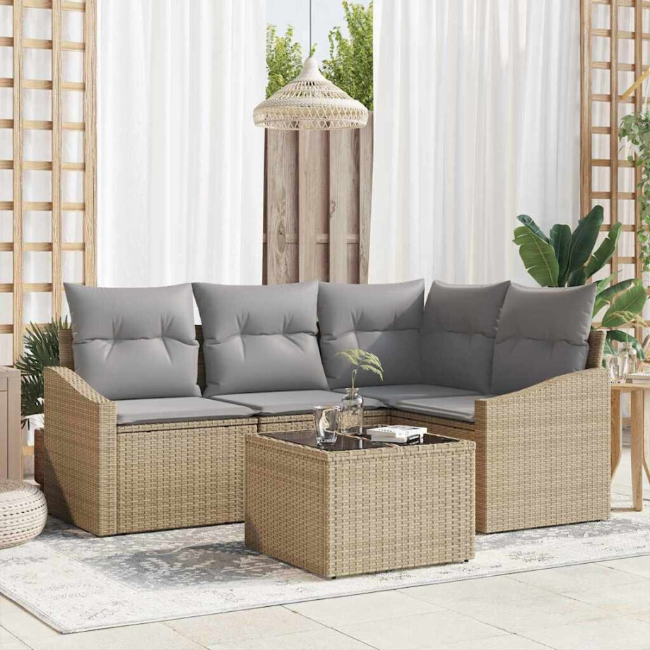 vidaXL Bankstel met kussen 5 pcs Beige poly rattan afbeelding 1