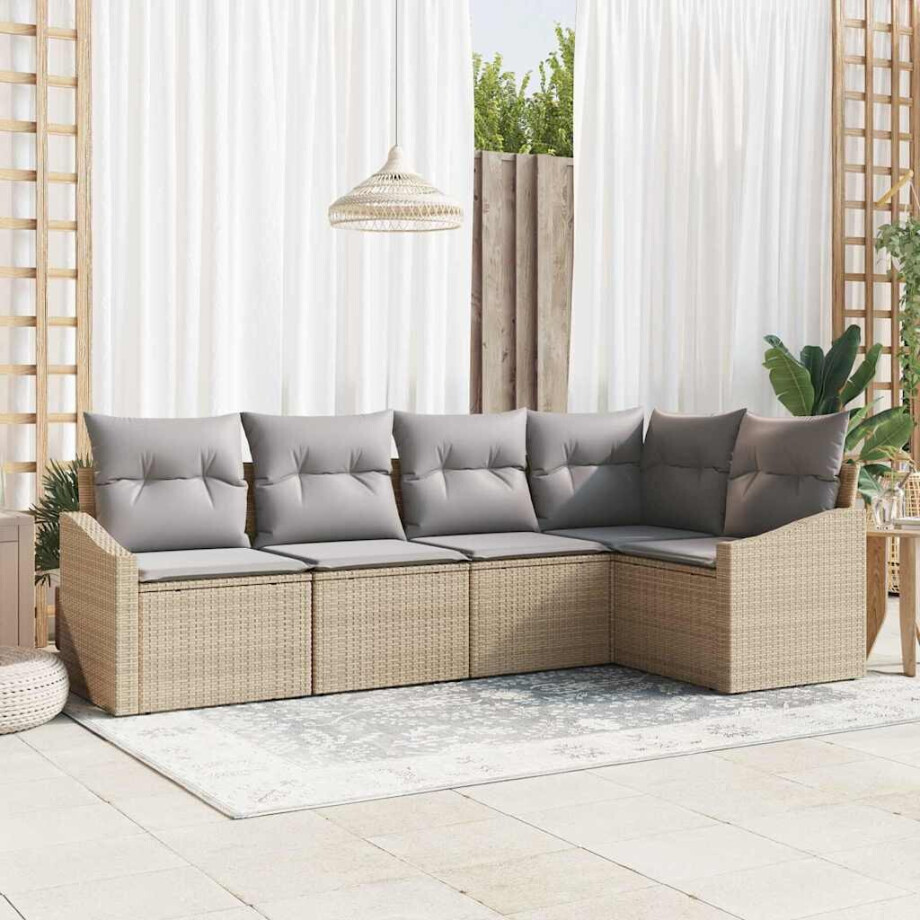 vidaXL Bankstel met kussen 5 pcs Beige poly rattan afbeelding 1