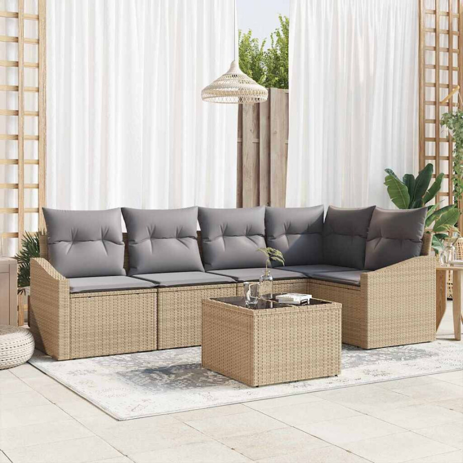 vidaXL Bankstel met kussen 6 pcs Beige poly rattan afbeelding 1