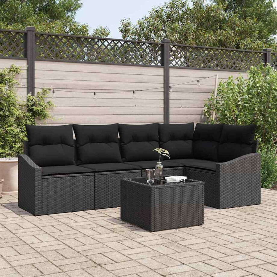 vidaXL Bankstel met kussen 6 pcs Zwart poly rattan afbeelding 1