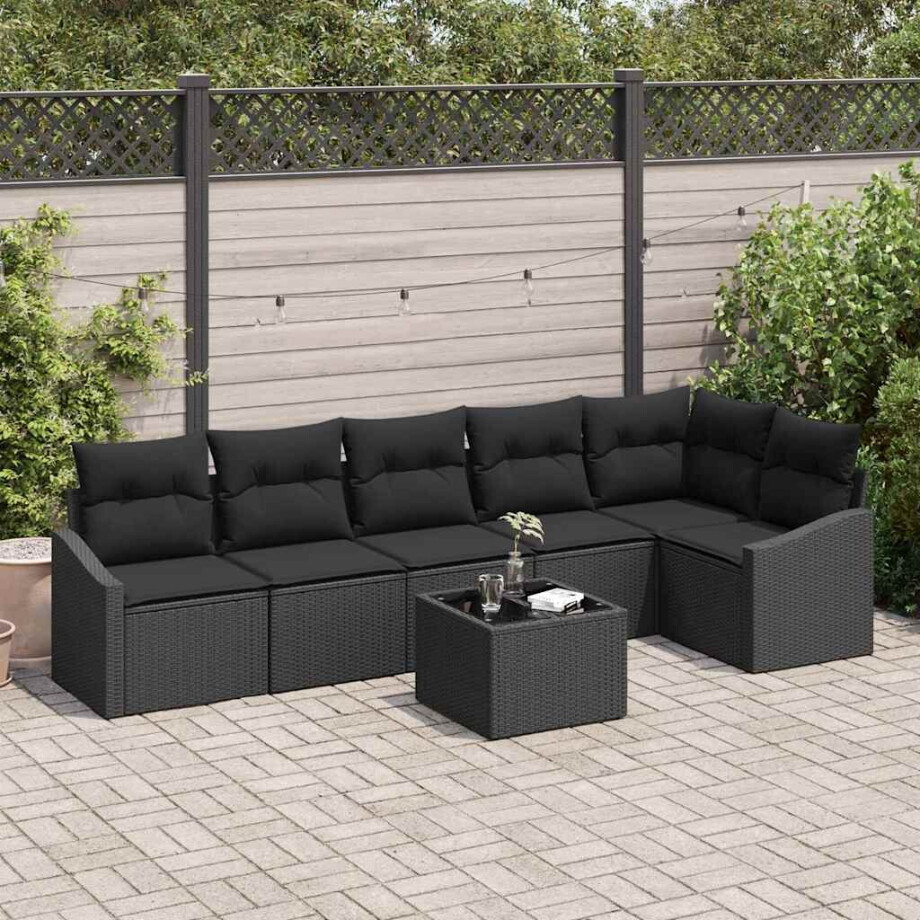 vidaXL Bankstel met kussen 7 pcs Zwart poly rattan afbeelding 1