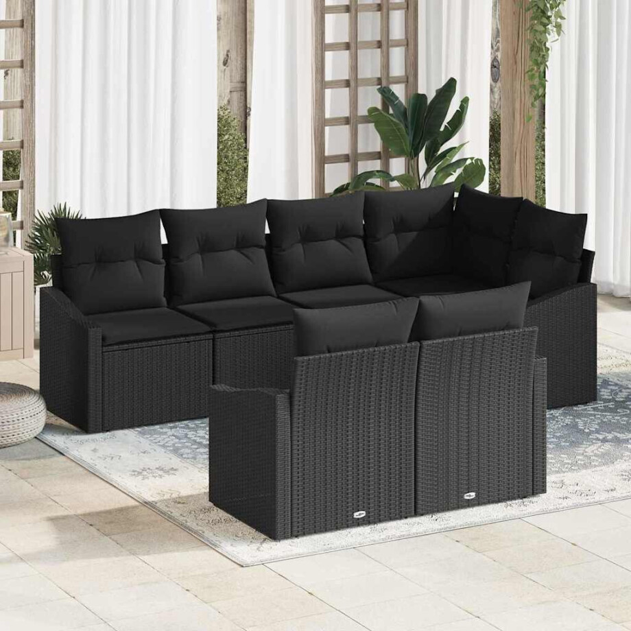 vidaXL Bankstel met kussen 7 pcs Zwart poly rattan afbeelding 1
