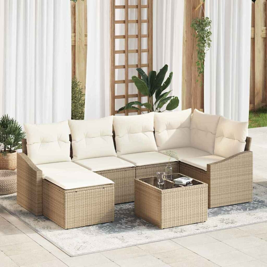 vidaXL Bankstel met kussen 7 pcs Beige poly rattan vidaXL Bankstel met kussen 7 pcs Beige poly rattan afbeelding 1