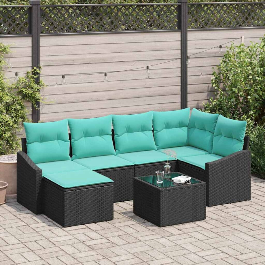 vidaXL Bankstel met kussen 7 pcs Zwart poly rattan vidaXL Bankstel met kussen 7 pcs Zwart poly rattan afbeelding 1
