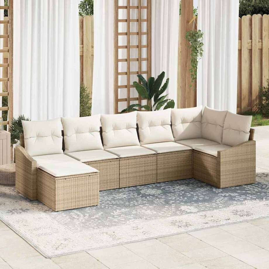 vidaXL Bankstel met kussen 7 pcs Beige poly rattan afbeelding 1
