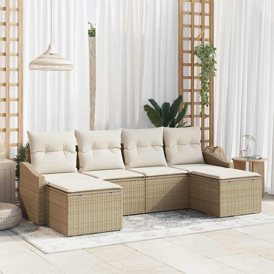 vidaXL Bankstel met kussen 6 pcs Beige poly rattan vidaXL Bankstel met kussen 6 pcs Beige poly rattan afbeelding 1