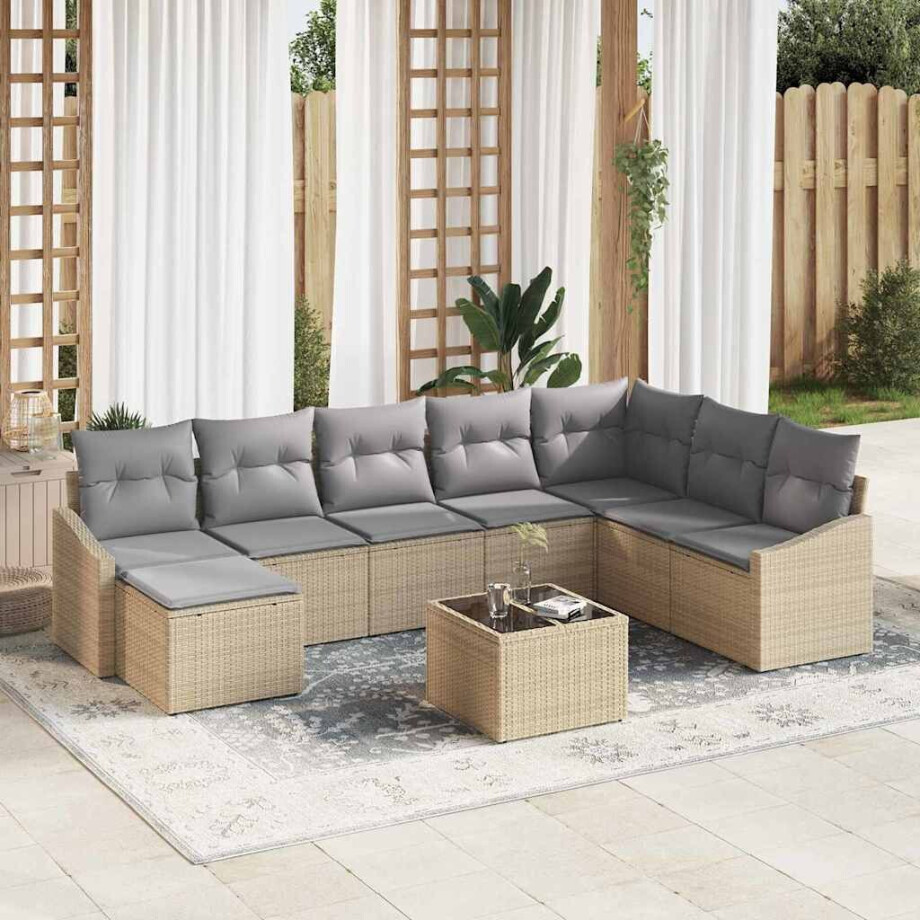 vidaXL Bankstel met kussen 9 pcs Beige poly rattan afbeelding 1