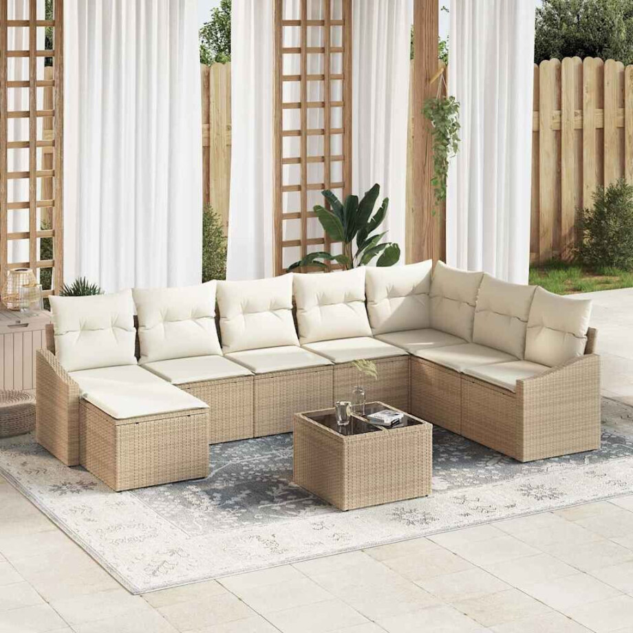 vidaXL Bankstel met kussen 9 pcs Beige poly rattan afbeelding 1