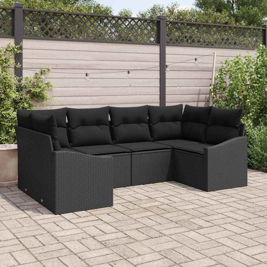 vidaXL Bankstel met kussen 6 pcs Zwart poly rattan afbeelding 1