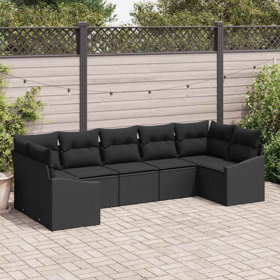 vidaXL Bankstel met kussen 7 pcs Zwart poly rattan afbeelding 1