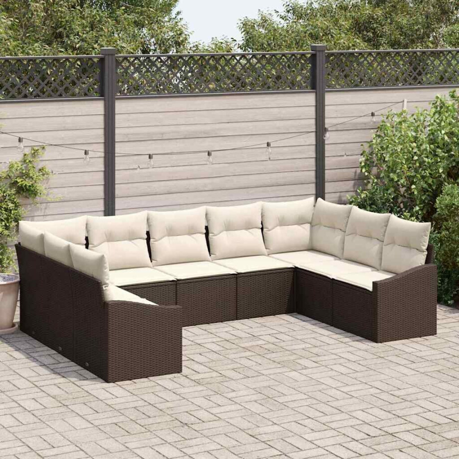 vidaXL Bankstel met kussen 9 pcs Bruin poly rattan afbeelding 1