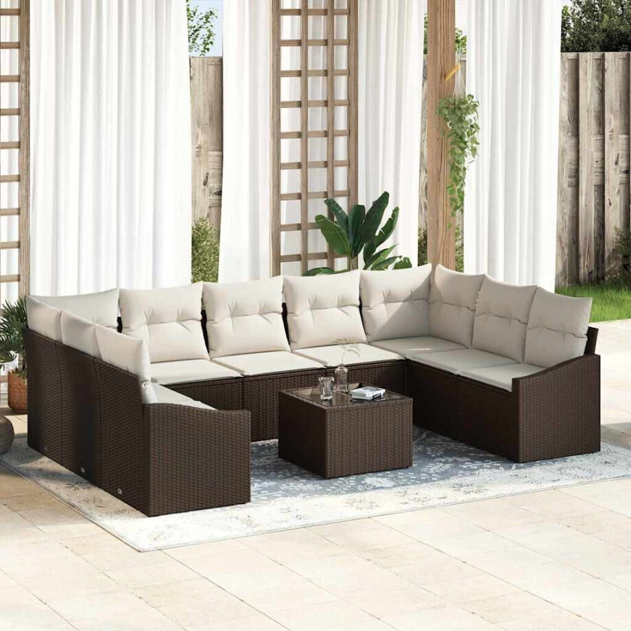 vidaXL Bankstel met kussen 10 pcs Bruin poly rattan afbeelding 1