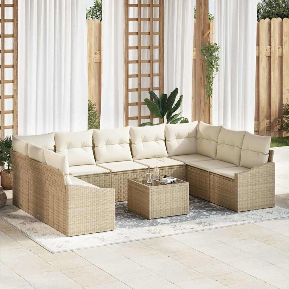 vidaXL Bankstel met kussen 10 pcs Beige poly rattan vidaXL Bankstel met kussen 10 pcs Beige poly rattan afbeelding 1