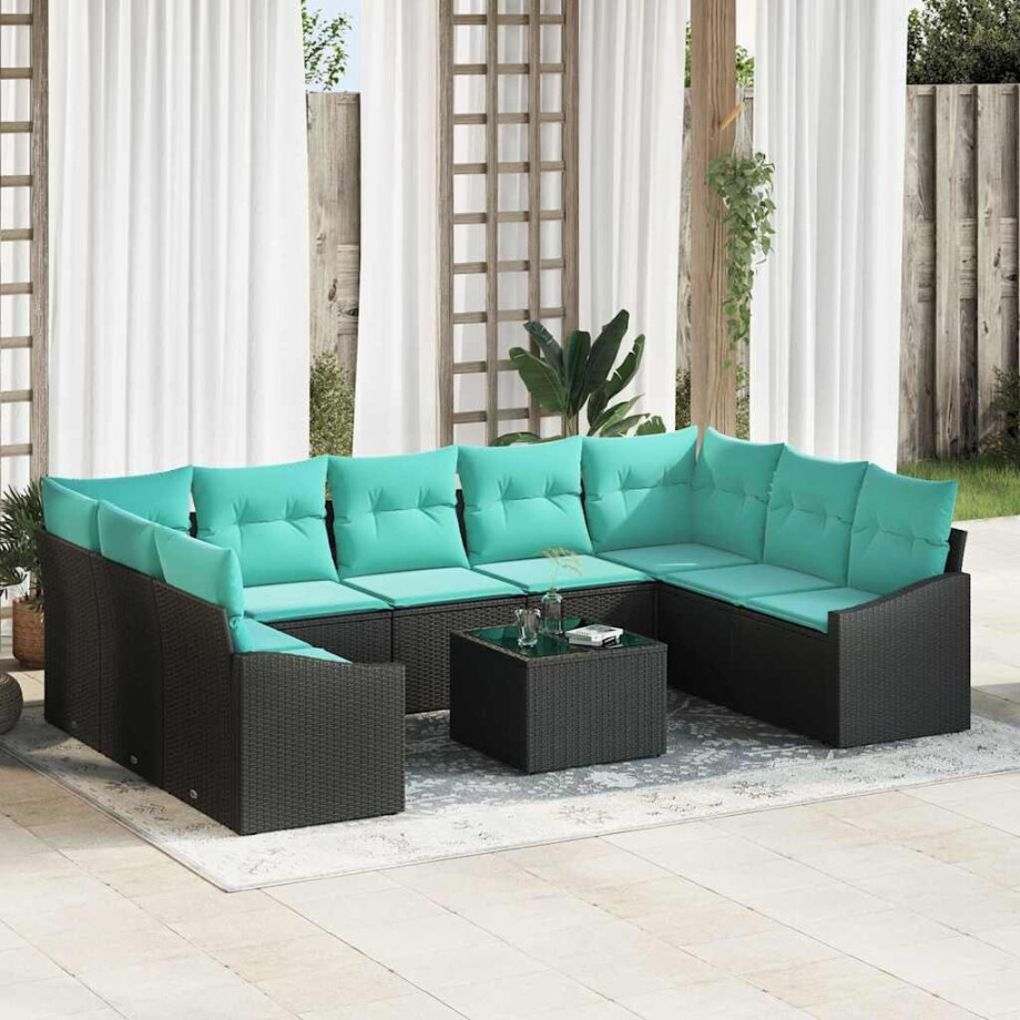 vidaXL Bankstel met kussen 10 pcs Zwart poly rattan vidaXL Bankstel met kussen 10 pcs Zwart poly rattan afbeelding 1
