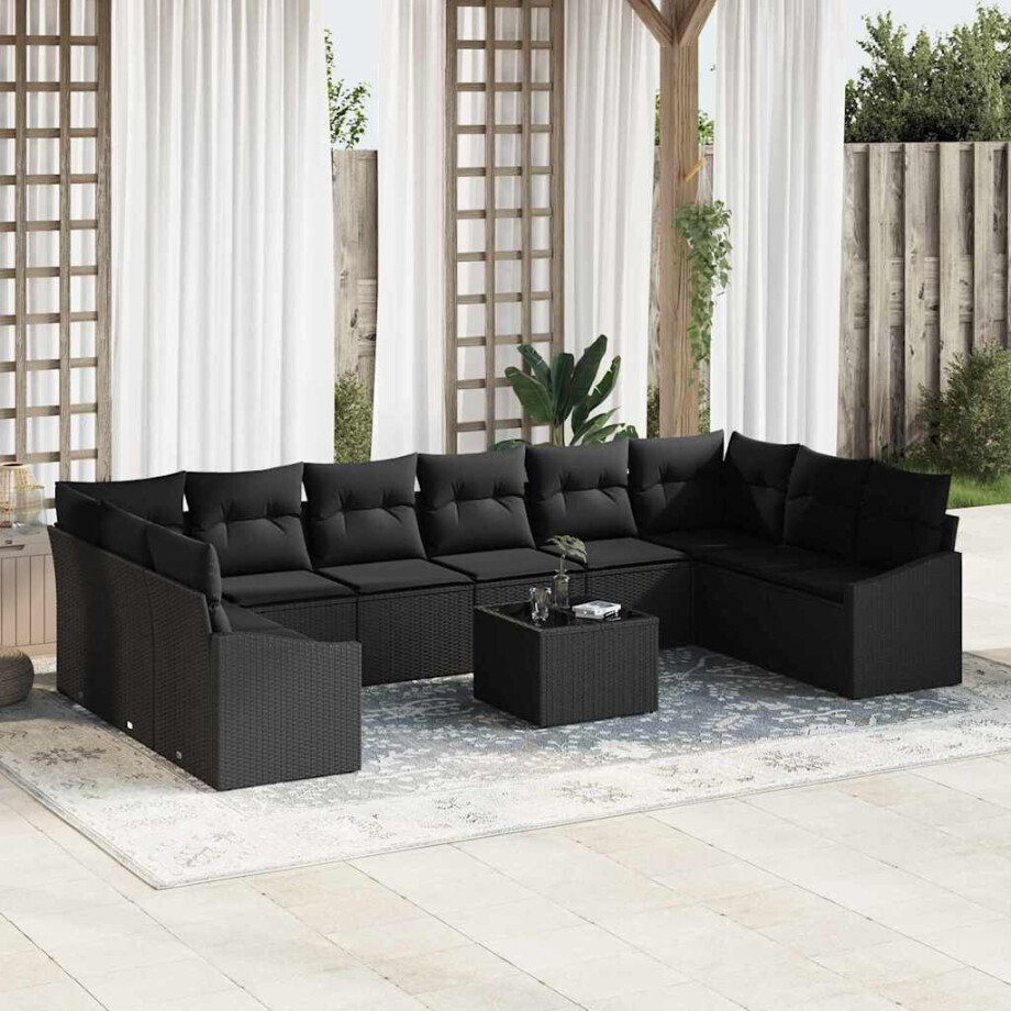 vidaXL Bankstel met kussen 11 pcs Zwart poly rattan afbeelding 1