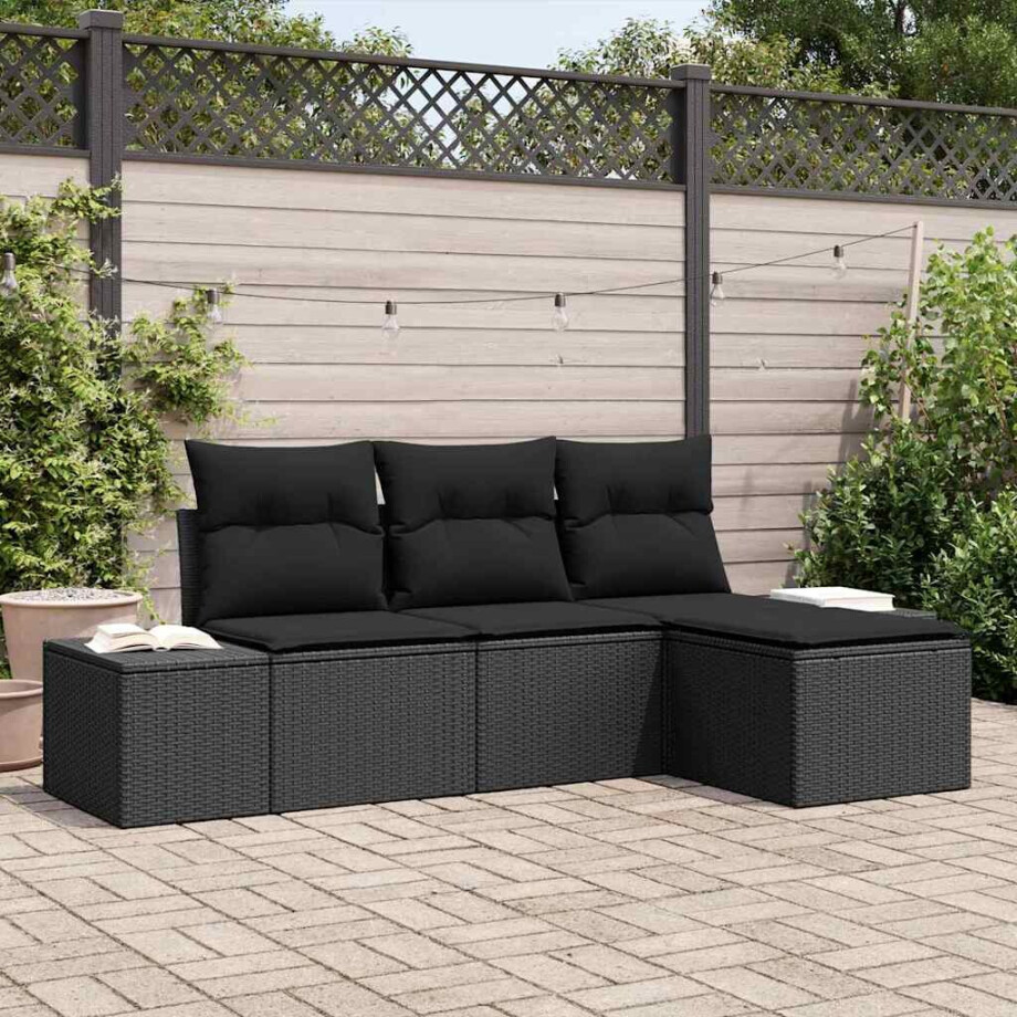 vidaXL Tuin Sofa Set met kussen 4 pcs Zwart poly rattan afbeelding 1