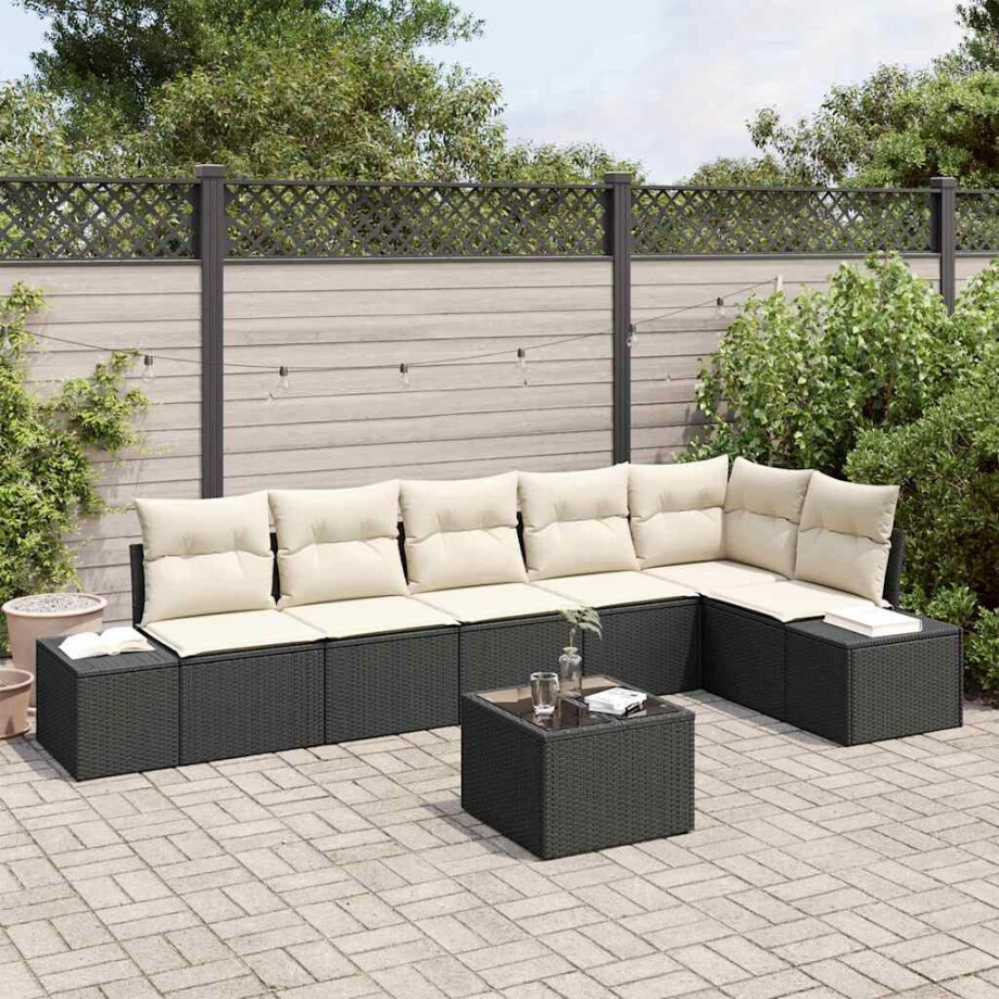 vidaXL Tuin Sofa Set met kussen 7 pcs Zwart en Crème poly rattan afbeelding 1