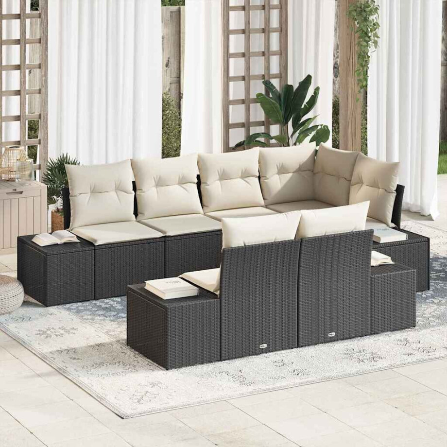 vidaXL Tuin Sofa Set met kussen 7 pcs Zwart en Crème poly rattan afbeelding 1