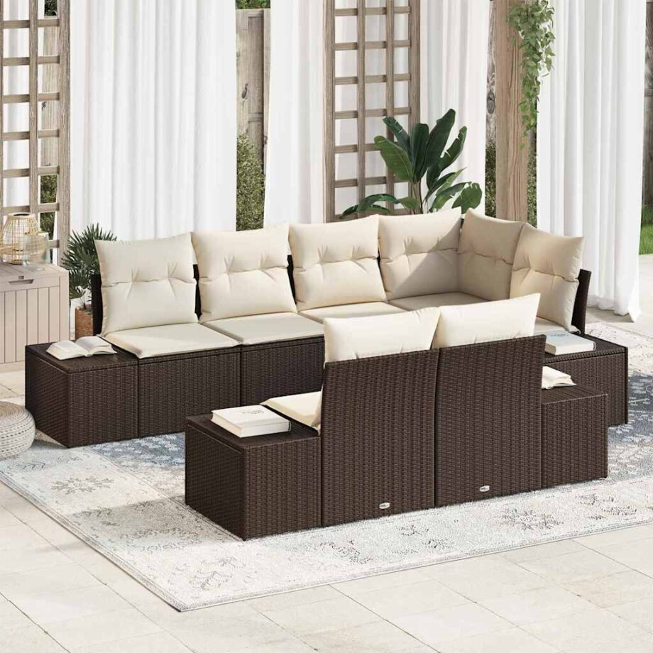 vidaXL Tuin Sofa Set met kussen 7 pcs Bruin en crème Poly riet afbeelding 1
